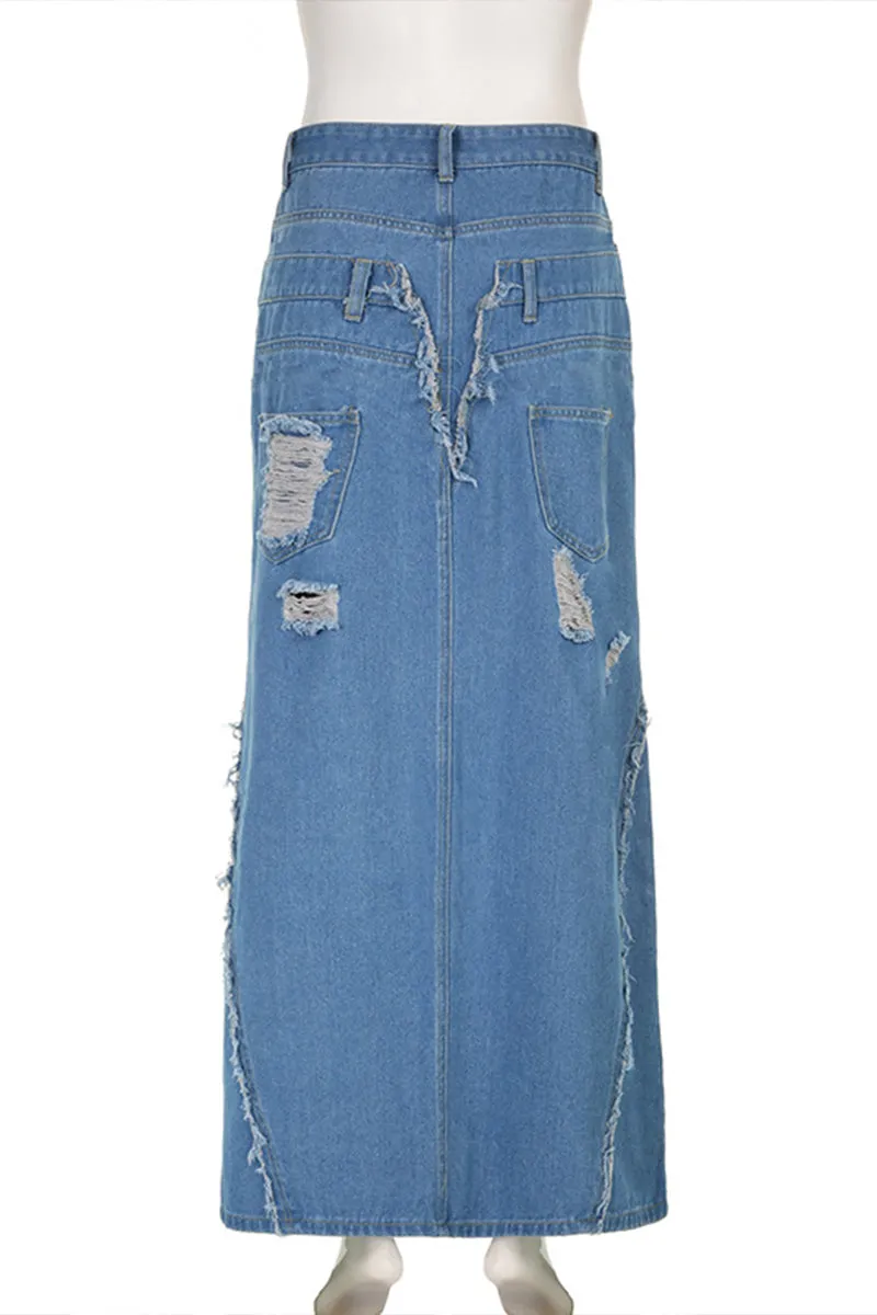 QQ3258 Ripped Denim Long Skirt