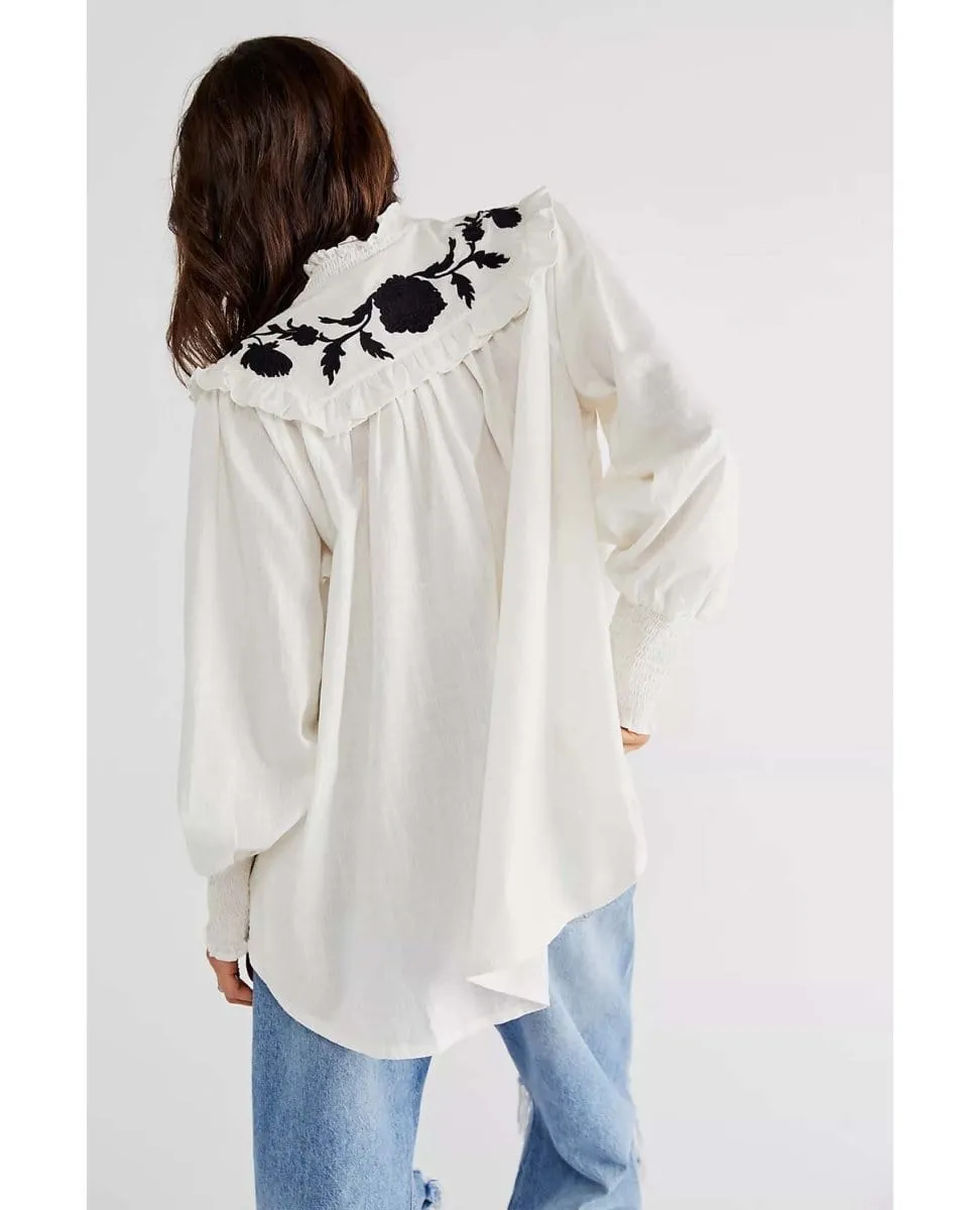 Rose Vines Embroidered Top Ivory