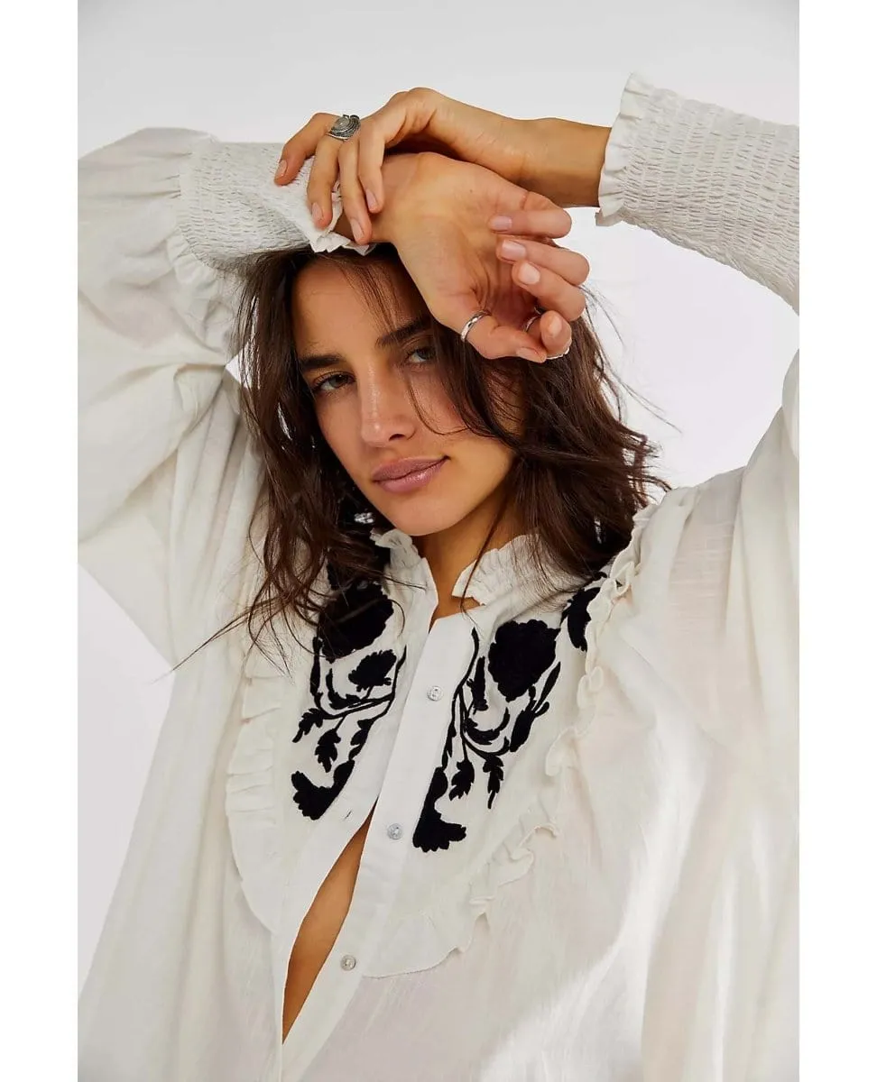 Rose Vines Embroidered Top Ivory
