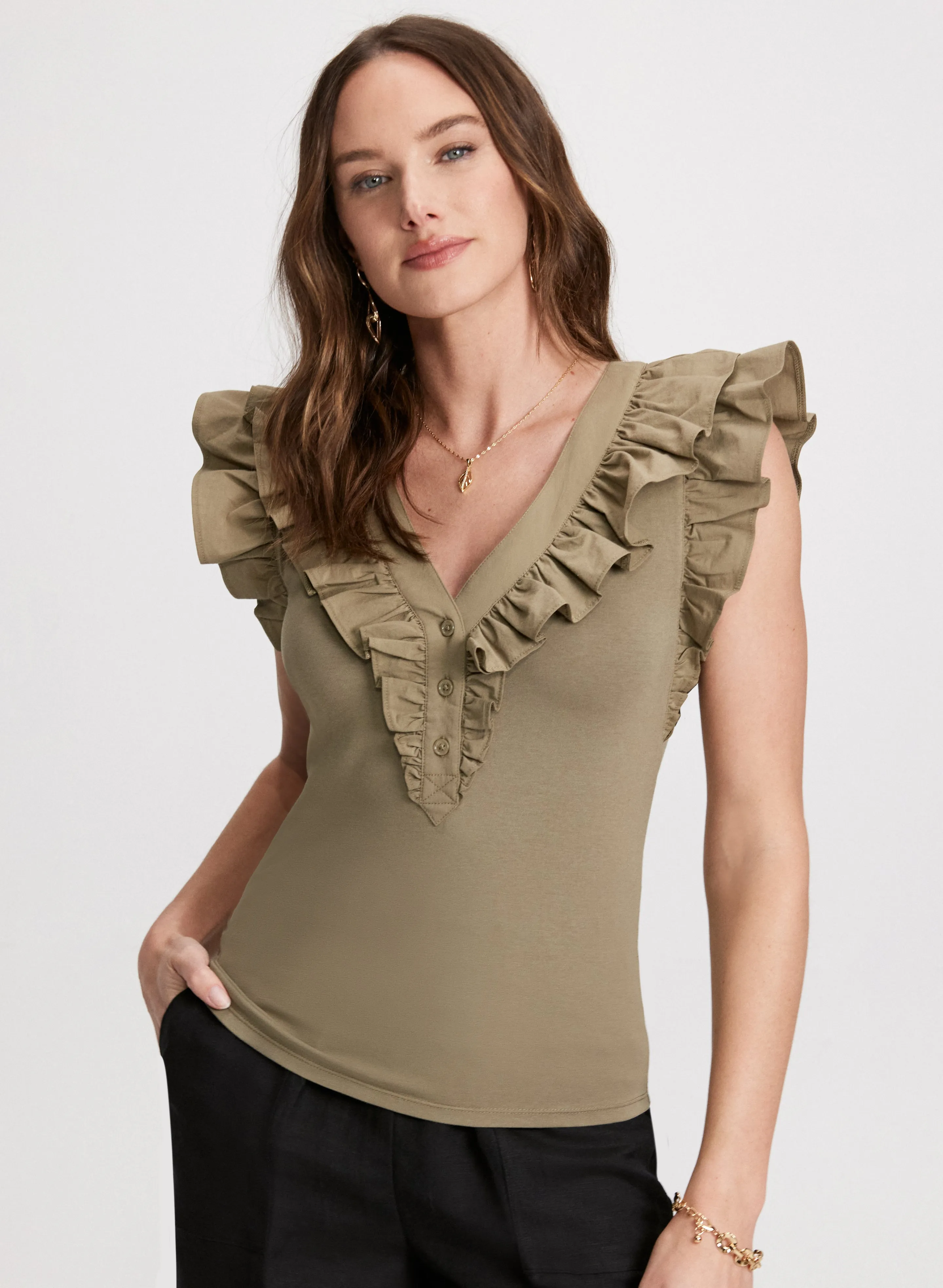 Ruffled Button-Front T-Shirt