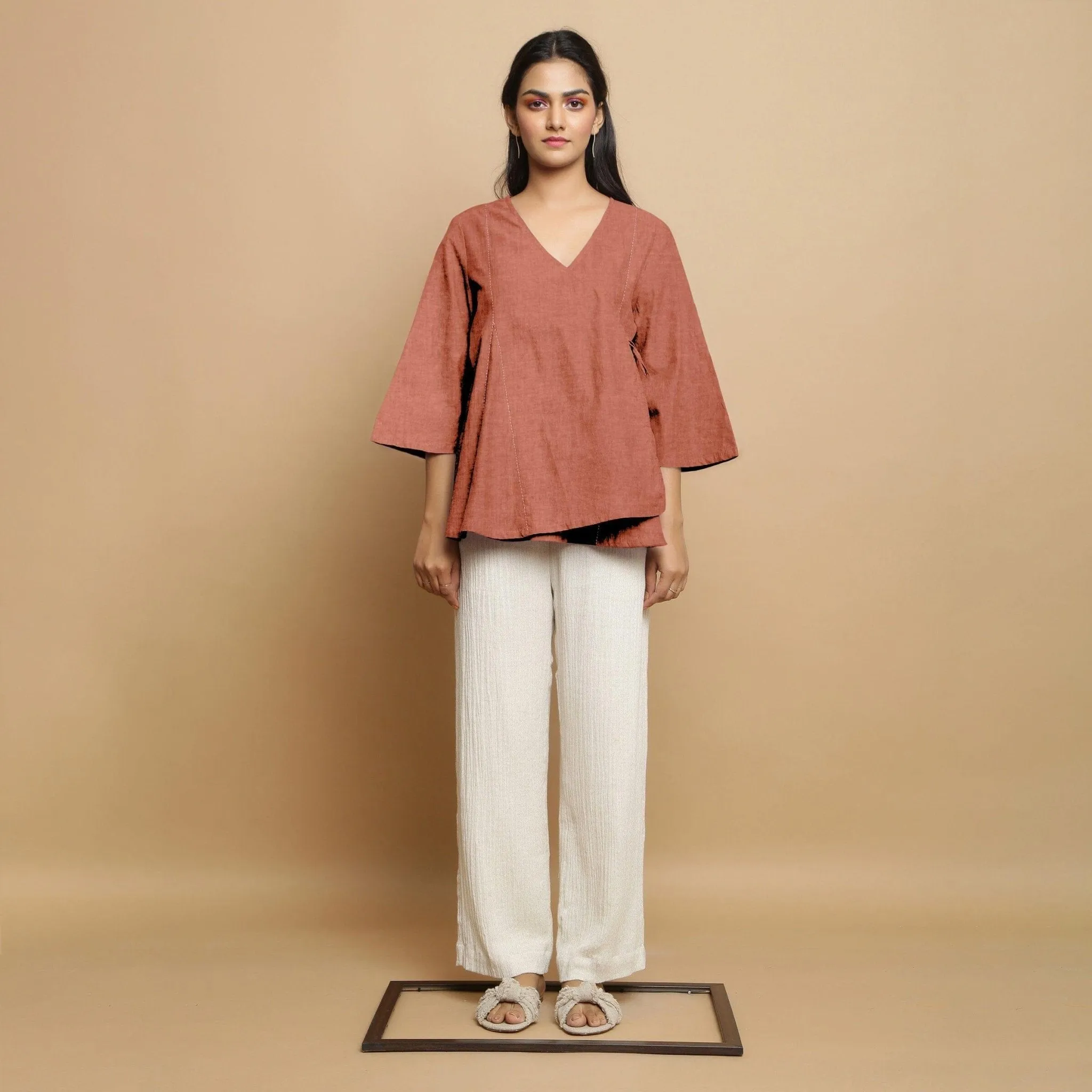 Rust Embroidered Linen Asymmetrical Godet Top