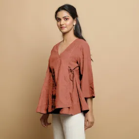 Rust Embroidered Linen Asymmetrical Godet Top