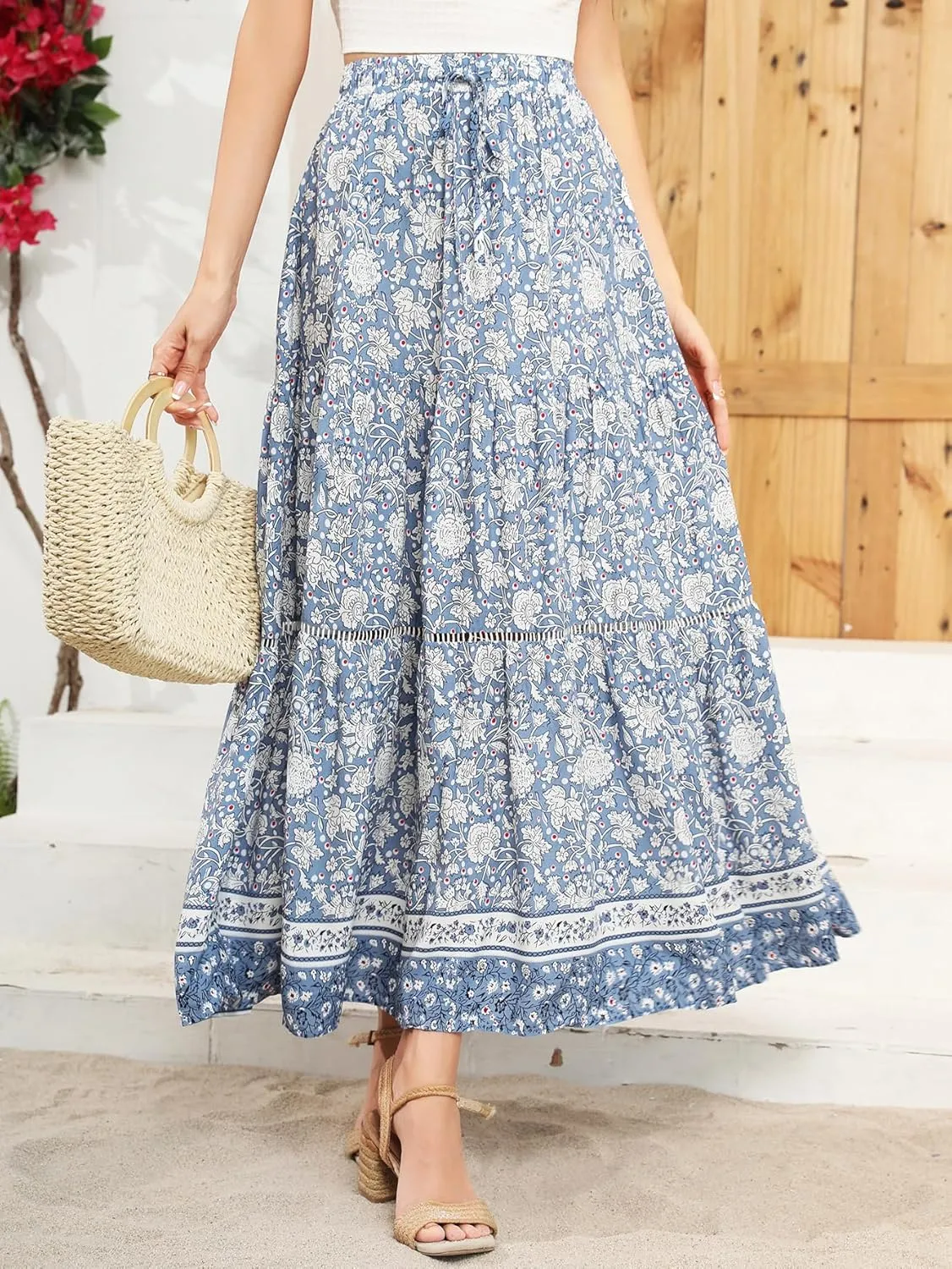 R.Vivimos Womens Summer Cotton Vintage Floral Print Boho Casual Ruffled Flowy Maxi Skirt