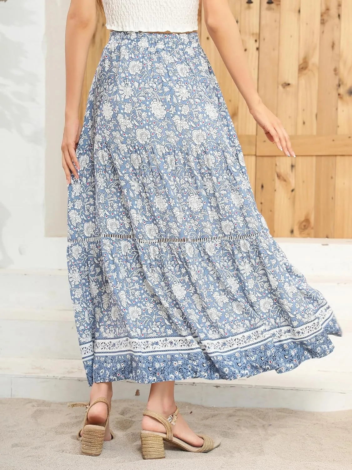 R.Vivimos Womens Summer Cotton Vintage Floral Print Boho Casual Ruffled Flowy Maxi Skirt