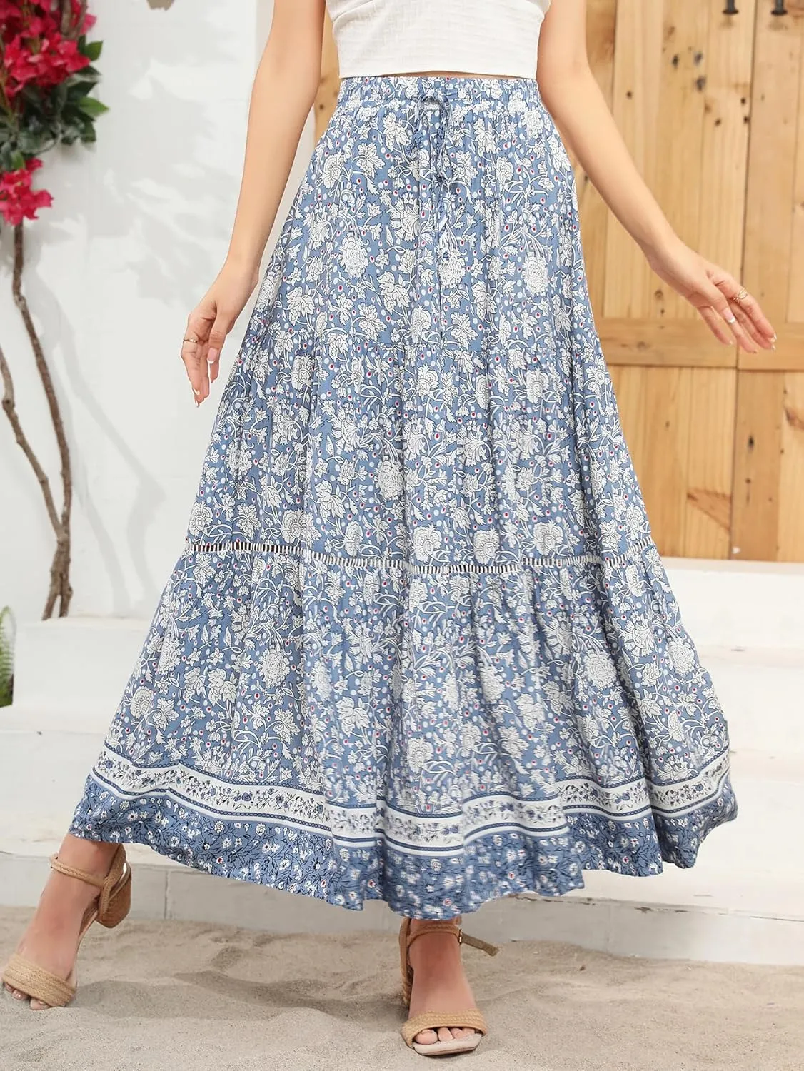 R.Vivimos Womens Summer Cotton Vintage Floral Print Boho Casual Ruffled Flowy Maxi Skirt