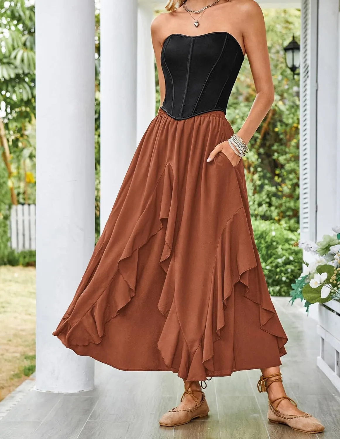 Scarlet Darkness Women Renaissance Long Maxi Skirt Double Layered Ruffled Irregular Chiffon Skirts