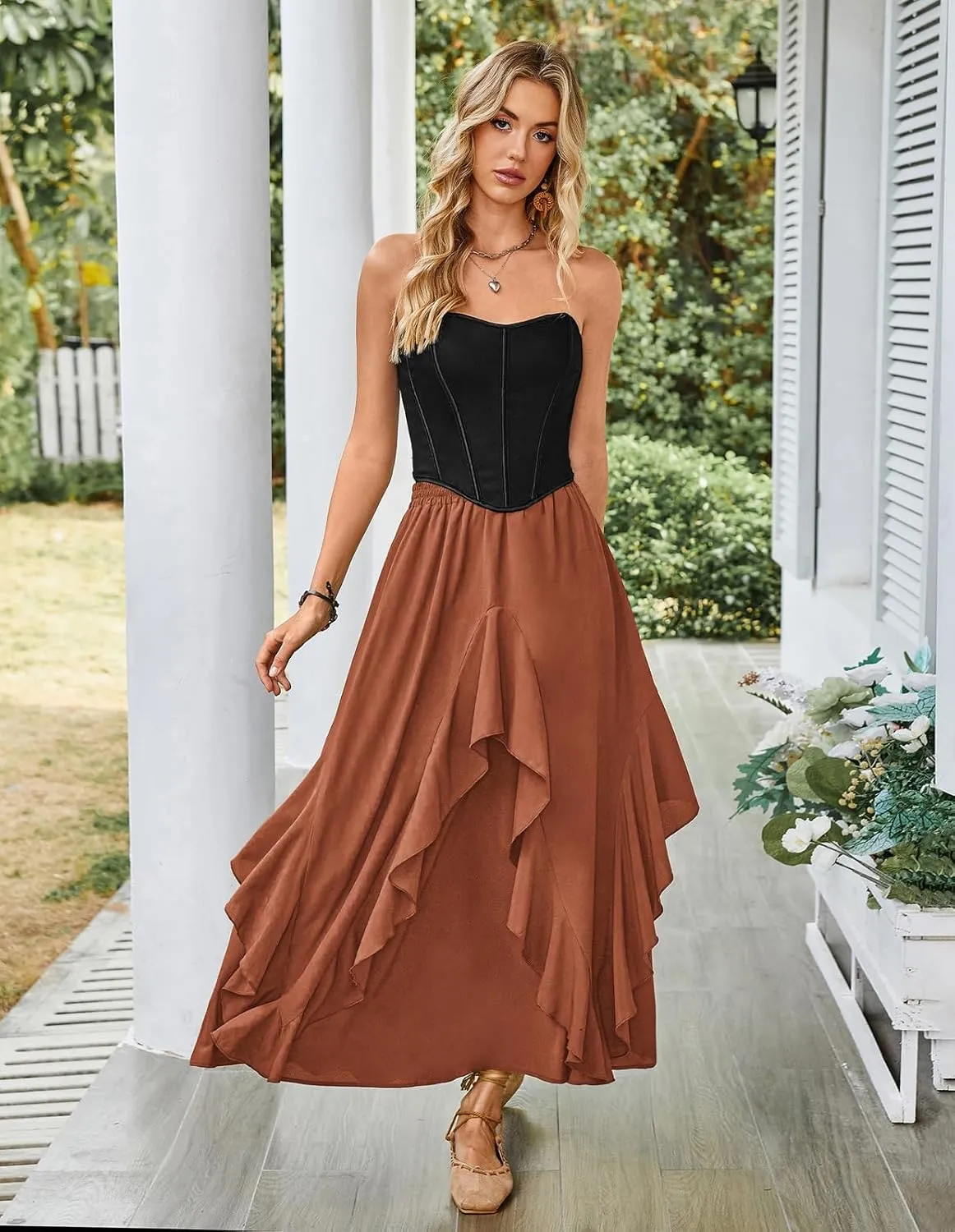 Scarlet Darkness Women Renaissance Long Maxi Skirt Double Layered Ruffled Irregular Chiffon Skirts