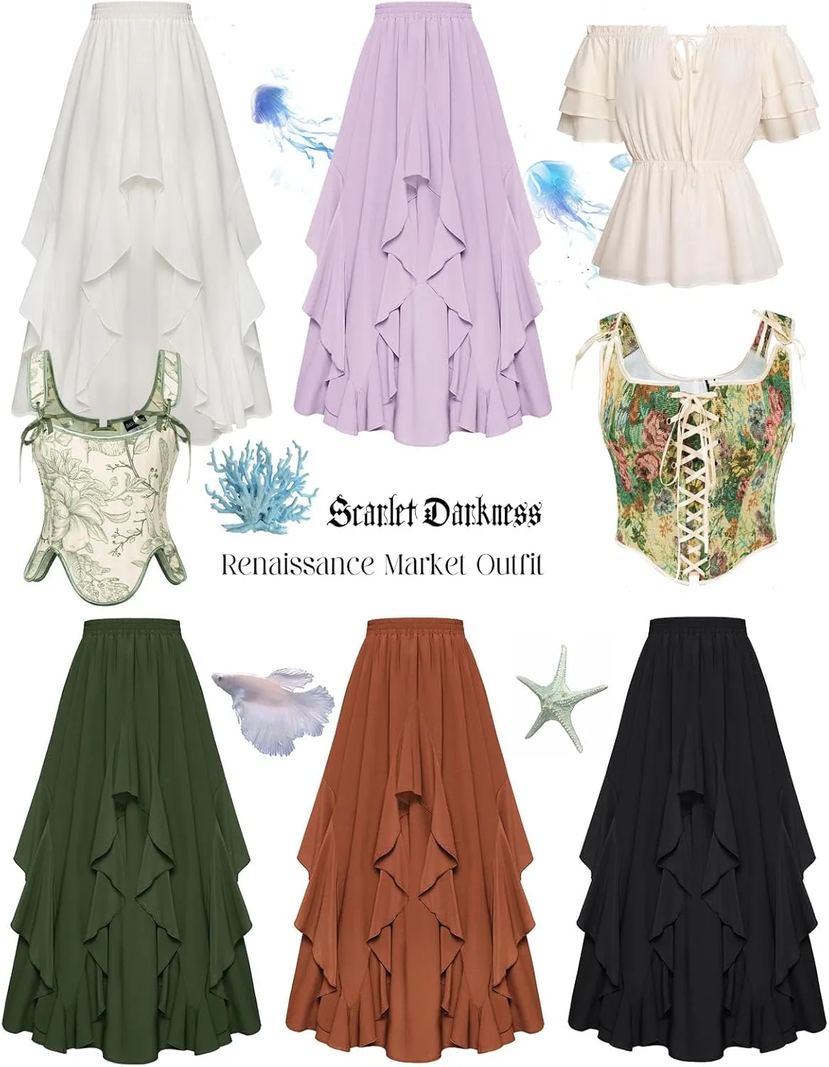 Scarlet Darkness Women Renaissance Long Maxi Skirt Double Layered Ruffled Irregular Chiffon Skirts