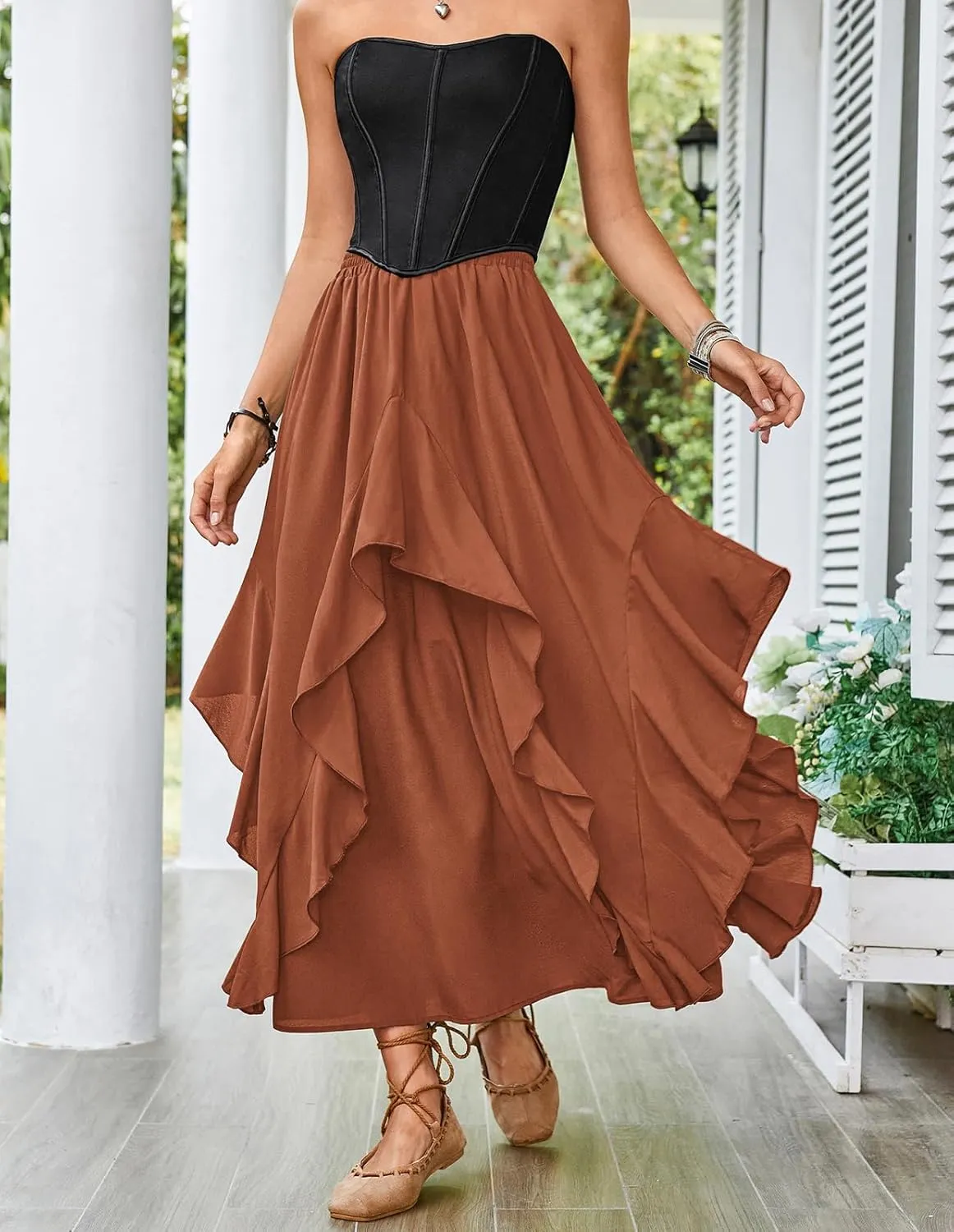 Scarlet Darkness Women Renaissance Long Maxi Skirt Double Layered Ruffled Irregular Chiffon Skirts