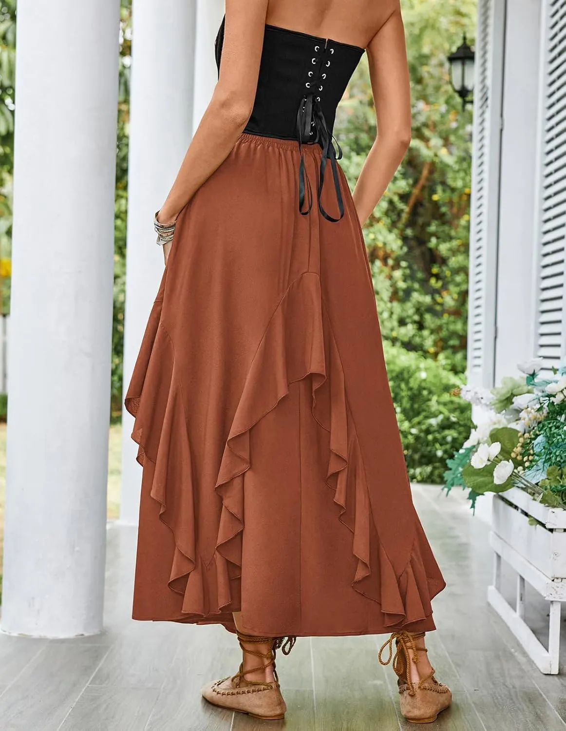 Scarlet Darkness Women Renaissance Long Maxi Skirt Double Layered Ruffled Irregular Chiffon Skirts