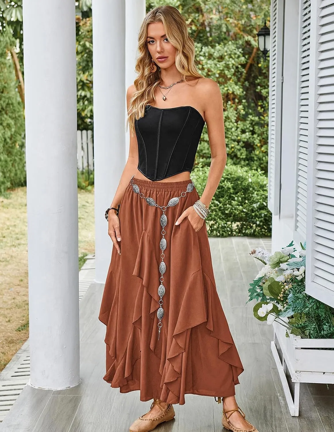 Scarlet Darkness Women Renaissance Long Maxi Skirt Double Layered Ruffled Irregular Chiffon Skirts