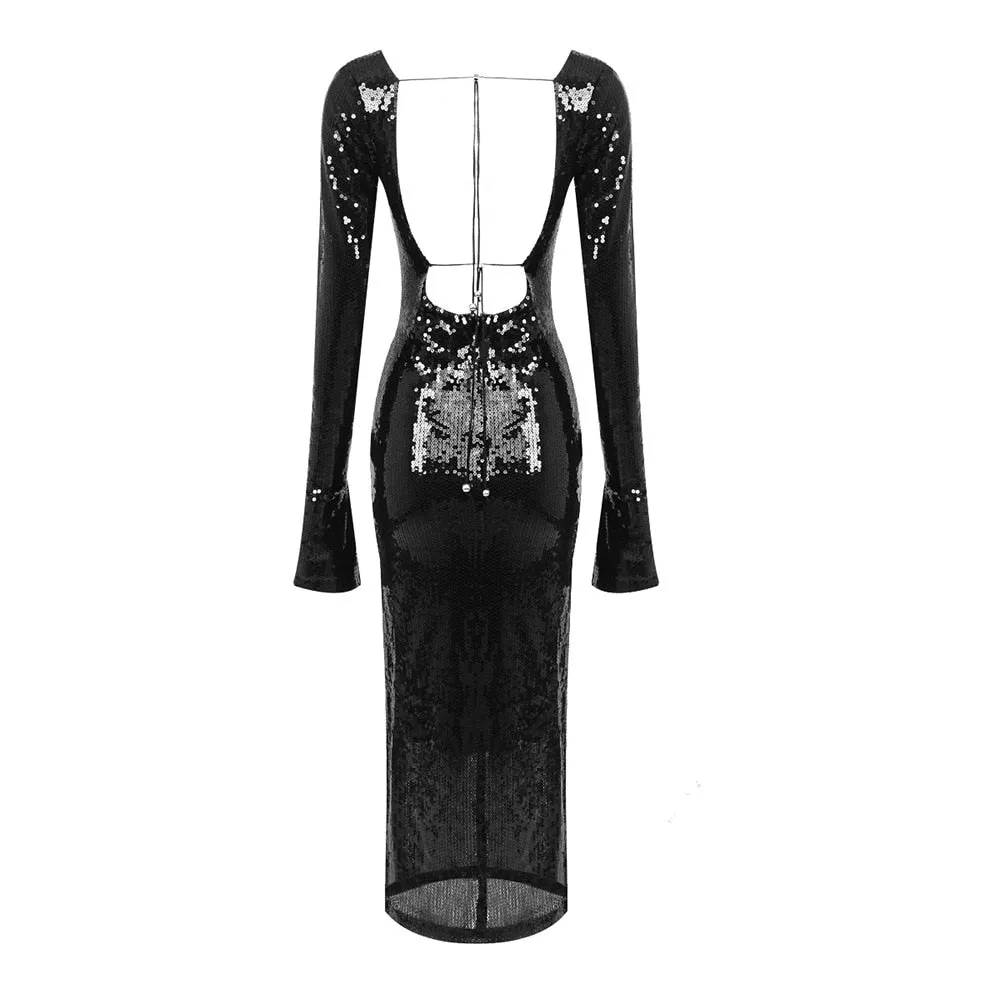 Sequined Black Maxi Dress with Open Back