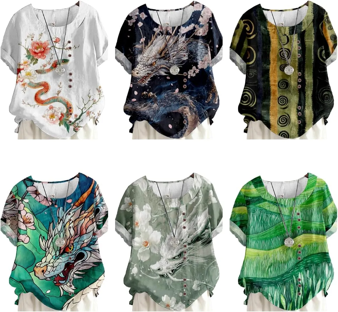 Short Sleeve Summer Boho Tops for Women Loose Fit Dressy Crew Neck Button Decor Ladies Casual Trendy Shirts