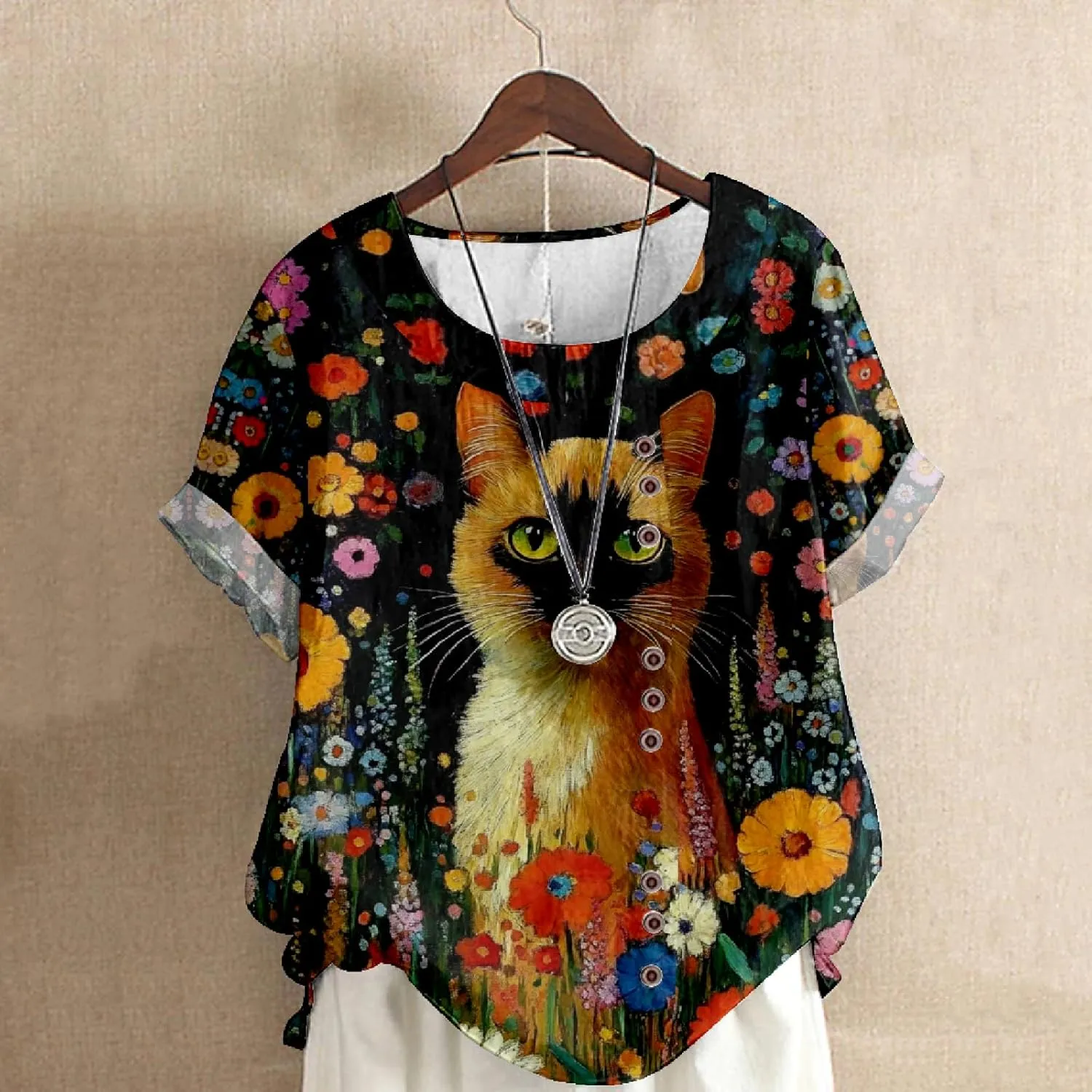 Short Sleeve Summer Boho Tops for Women Loose Fit Dressy Crew Neck Button Decor Ladies Casual Trendy Shirts