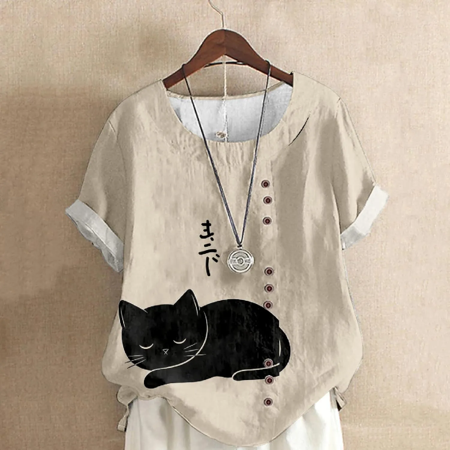 Short Sleeve Summer Boho Tops for Women Loose Fit Dressy Crew Neck Button Decor Ladies Casual Trendy Shirts