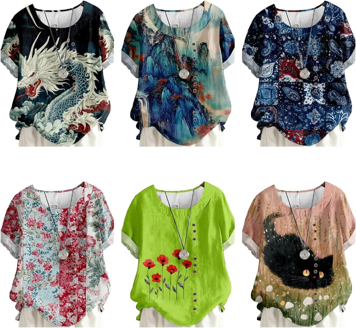 Short Sleeve Summer Boho Tops for Women Loose Fit Dressy Crew Neck Button Decor Ladies Casual Trendy Shirts