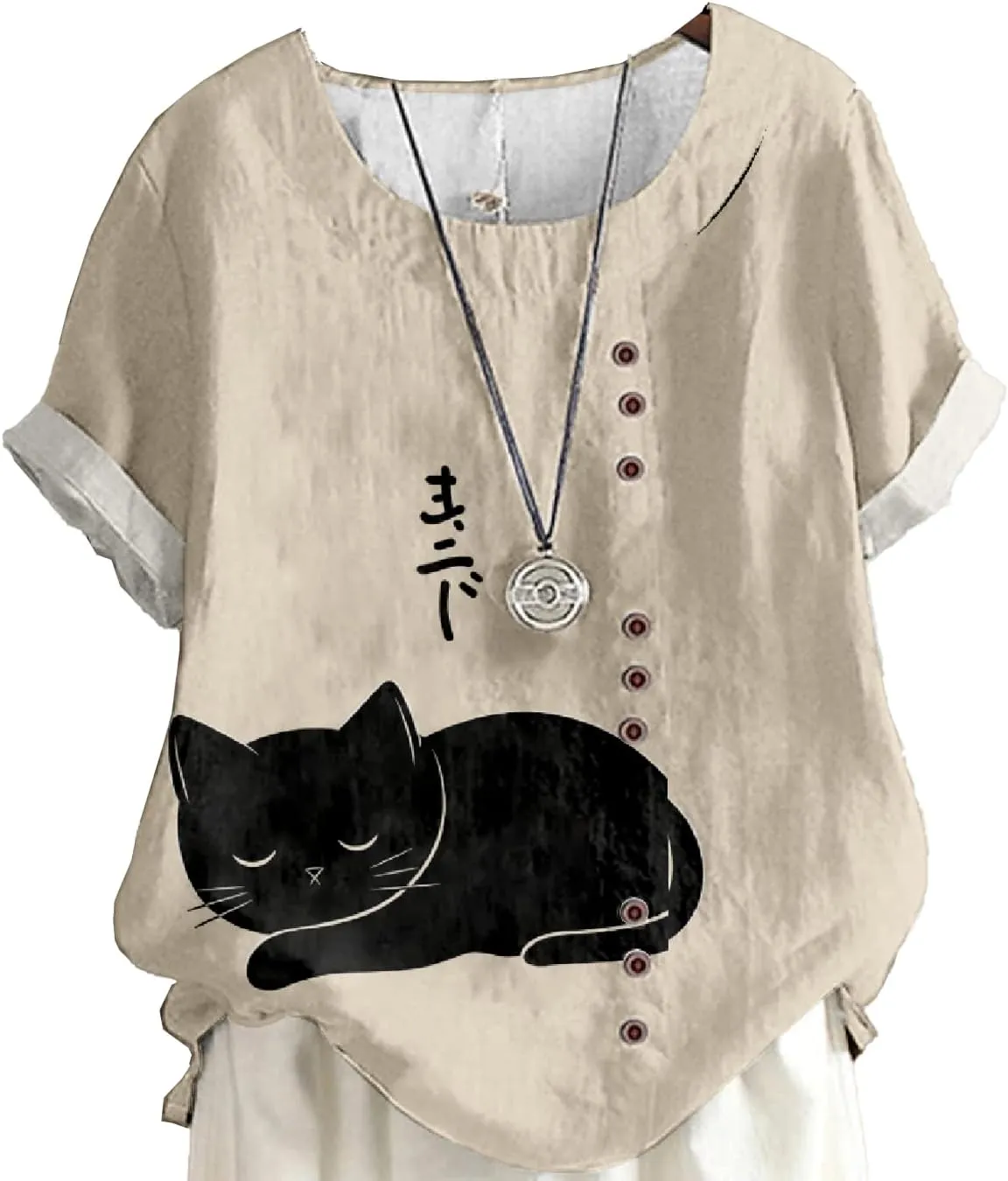 Short Sleeve Summer Boho Tops for Women Loose Fit Dressy Crew Neck Button Decor Ladies Casual Trendy Shirts