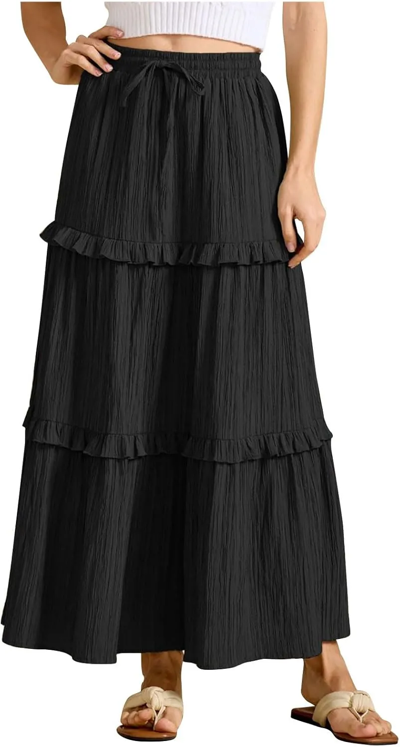Skirts for Women High Waisted Elastic Drawstring Tiered Ruffled Maxi Skirt Solid Color Summer Vacation Casual Dress