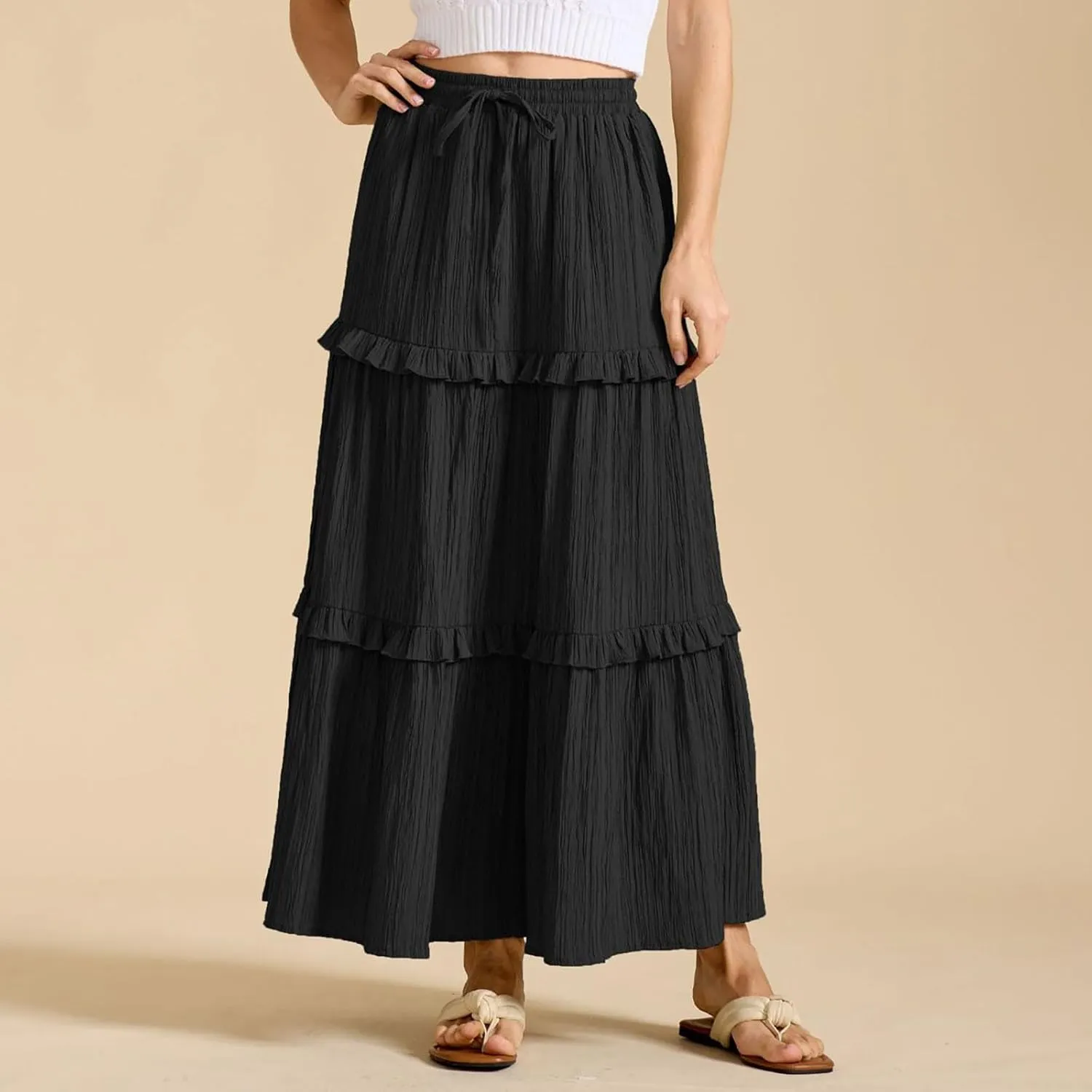 Skirts for Women High Waisted Elastic Drawstring Tiered Ruffled Maxi Skirt Solid Color Summer Vacation Casual Dress