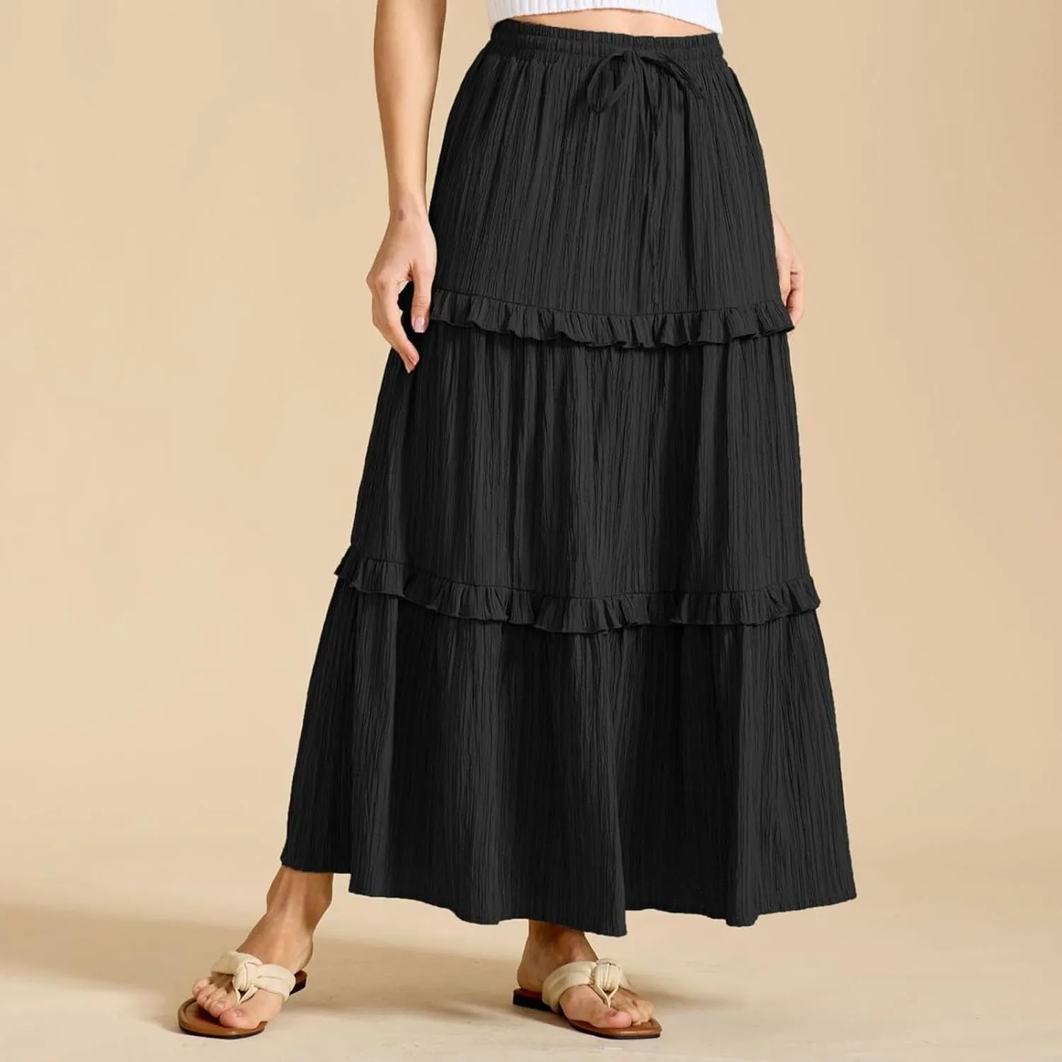 Skirts for Women High Waisted Elastic Drawstring Tiered Ruffled Maxi Skirt Solid Color Summer Vacation Casual Dress
