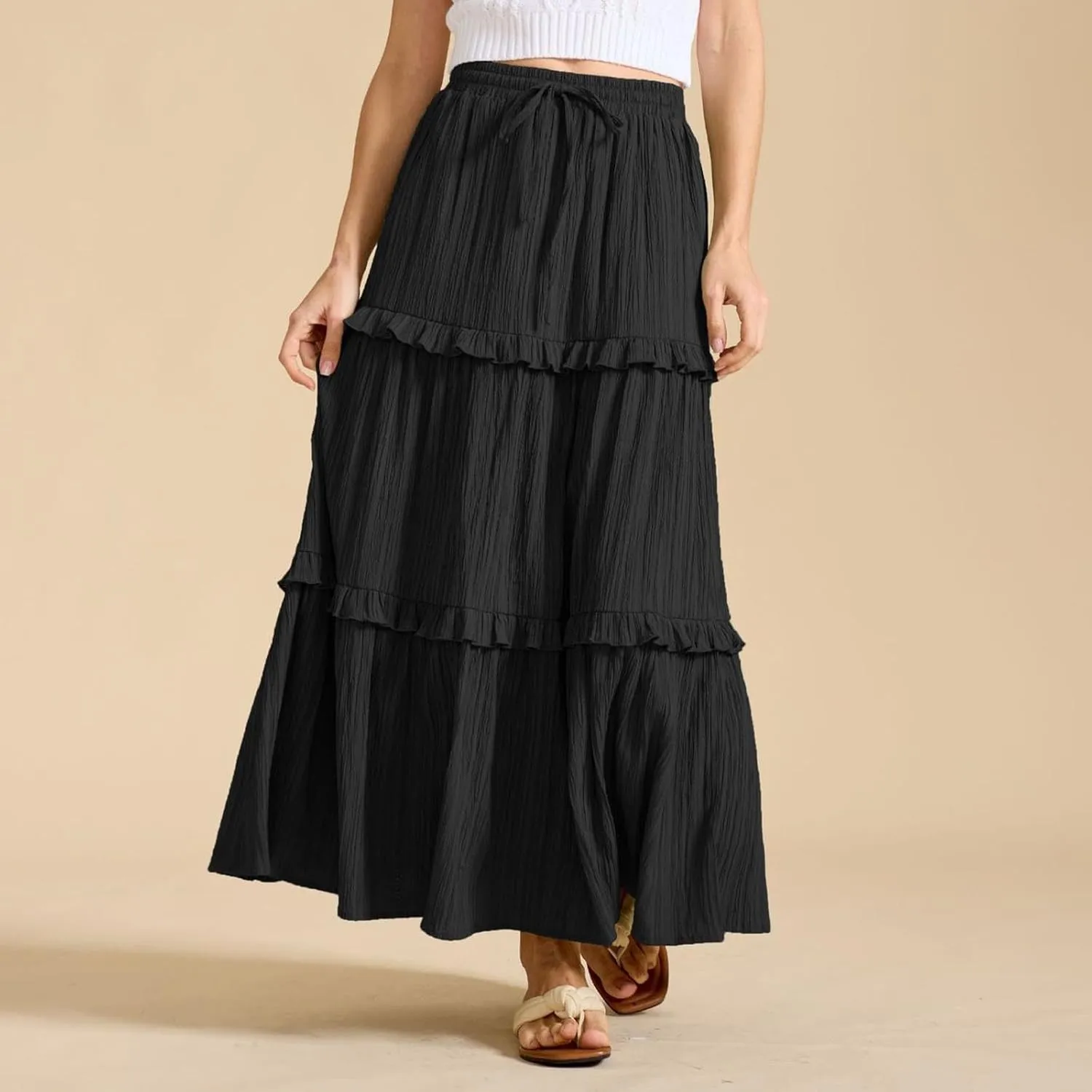 Skirts for Women High Waisted Elastic Drawstring Tiered Ruffled Maxi Skirt Solid Color Summer Vacation Casual Dress