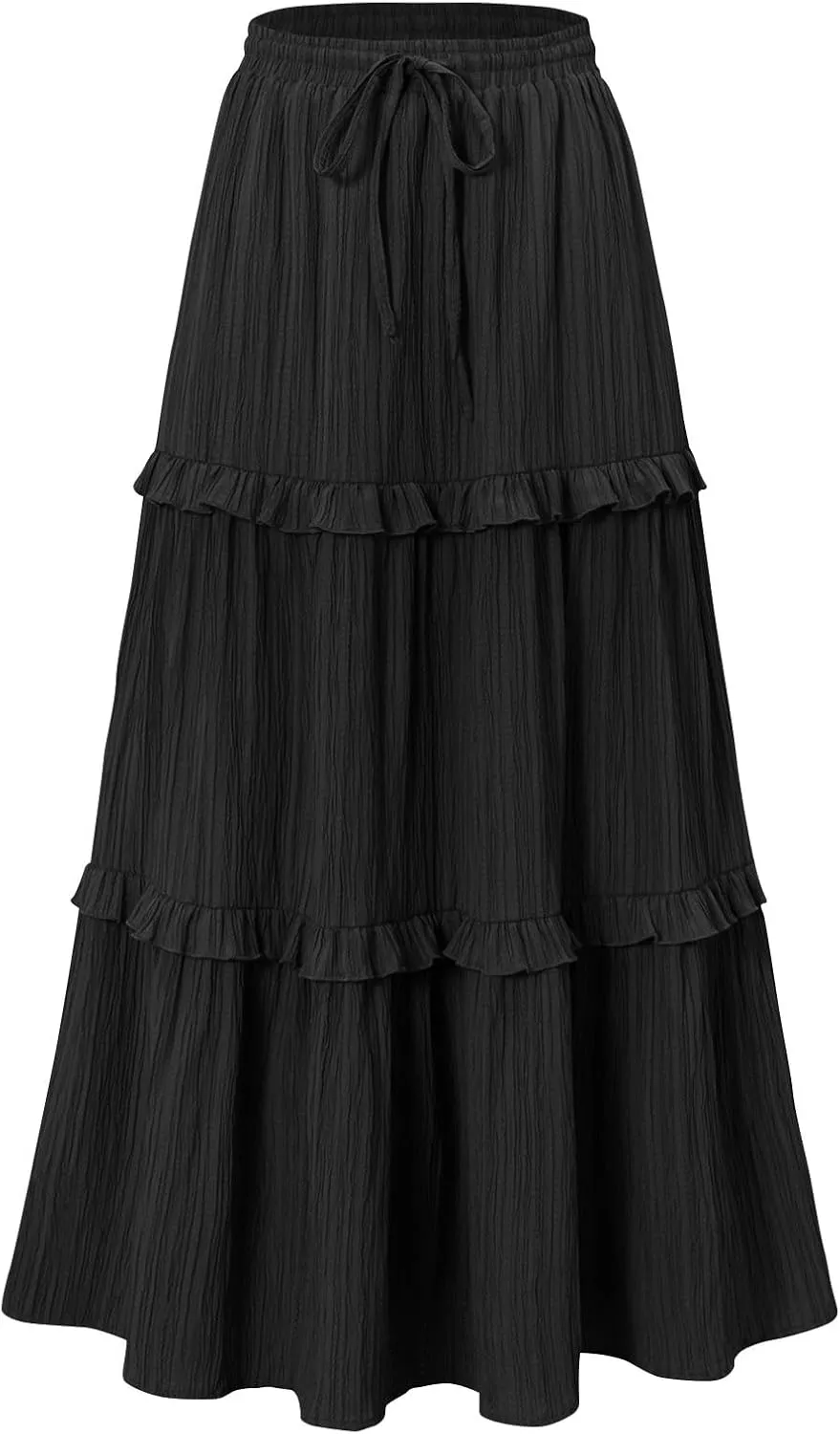 Skirts for Women High Waisted Elastic Drawstring Tiered Ruffled Maxi Skirt Solid Color Summer Vacation Casual Dress