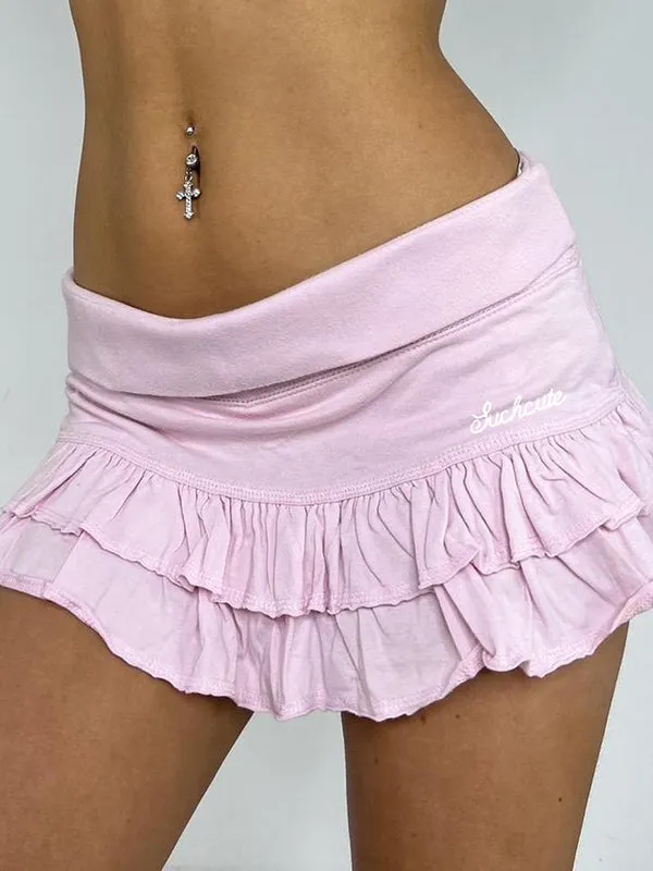 Sporty Plain Letters Ruffled Hem Skirt