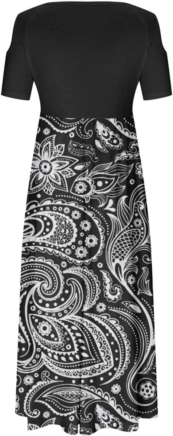 Summer Dresses for Women 2025 Vacation Off Shoulder Short Sleeve Crewneck Maxi Dress Colorblock Printed Long Dress
