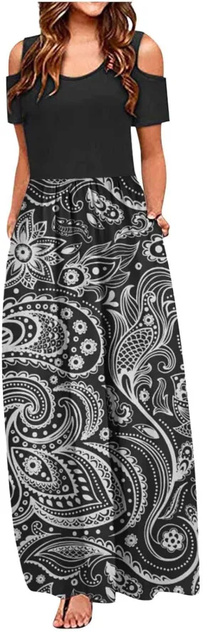Summer Dresses for Women 2025 Vacation Off Shoulder Short Sleeve Crewneck Maxi Dress Colorblock Printed Long Dress