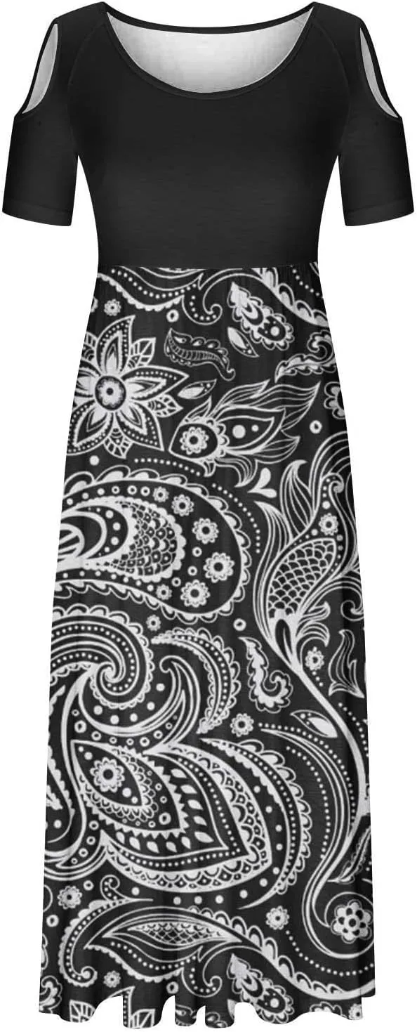Summer Dresses for Women 2025 Vacation Off Shoulder Short Sleeve Crewneck Maxi Dress Colorblock Printed Long Dress