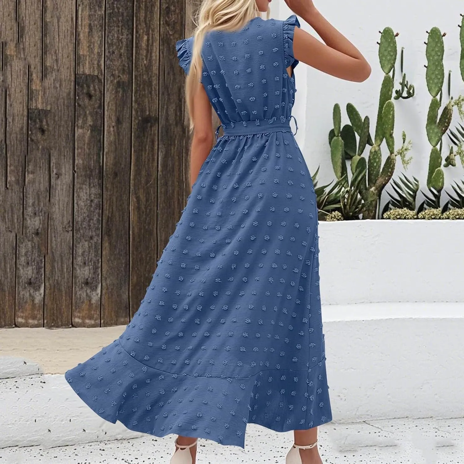Summer Dresses for Women V Neck Cap Sleeve Swiss Dot Boho Flowy Ruffle Slit Beach Party Long Maxi Cocktail Dresses