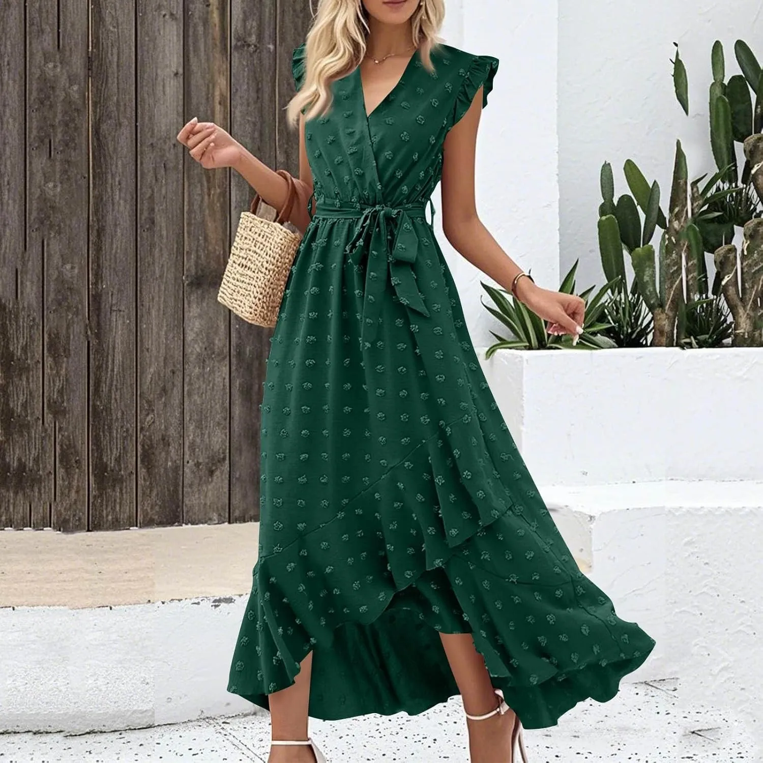 Summer Dresses for Women V Neck Cap Sleeve Swiss Dot Boho Flowy Ruffle Slit Beach Party Long Maxi Cocktail Dresses