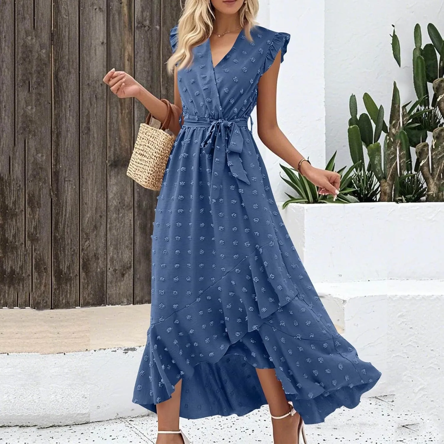 Summer Dresses for Women V Neck Cap Sleeve Swiss Dot Boho Flowy Ruffle Slit Beach Party Long Maxi Cocktail Dresses