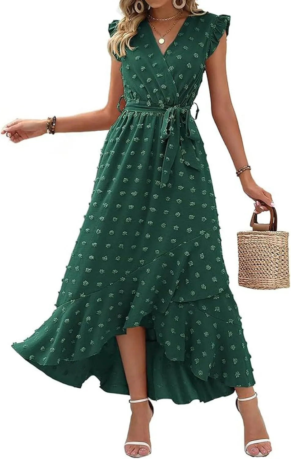 Summer Dresses for Women V Neck Cap Sleeve Swiss Dot Boho Flowy Ruffle Slit Beach Party Long Maxi Cocktail Dresses