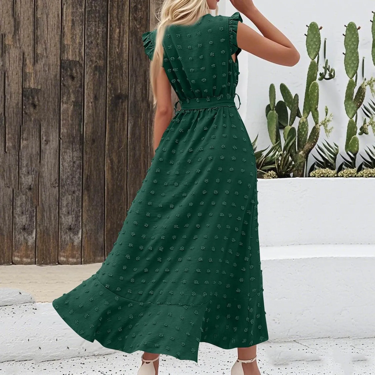 Summer Dresses for Women V Neck Cap Sleeve Swiss Dot Boho Flowy Ruffle Slit Beach Party Long Maxi Cocktail Dresses