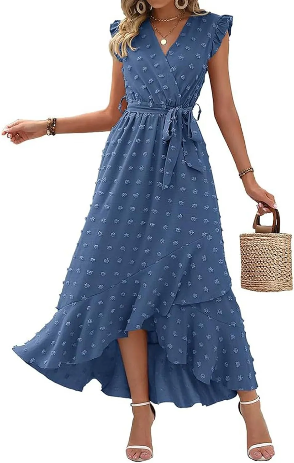 Summer Dresses for Women V Neck Cap Sleeve Swiss Dot Boho Flowy Ruffle Slit Beach Party Long Maxi Cocktail Dresses