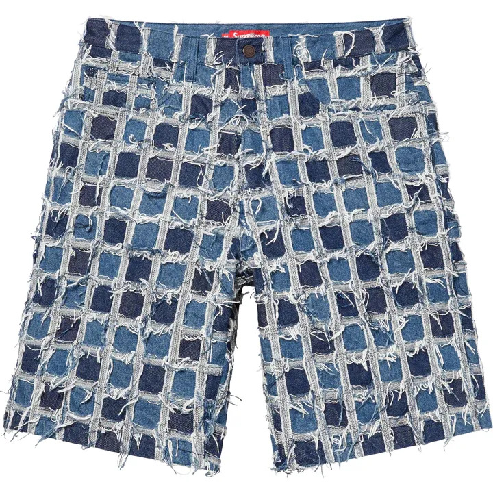 Supreme Frayed Patchwork Baggy Denim Washed Blue Shorts