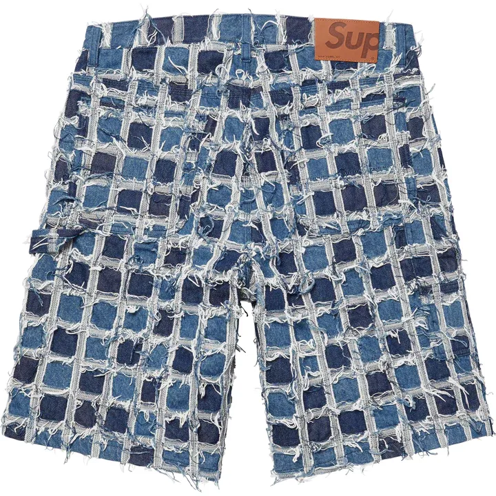 Supreme Frayed Patchwork Baggy Denim Washed Blue Shorts