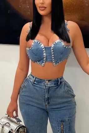 TD470 Rhinestones Denim Top