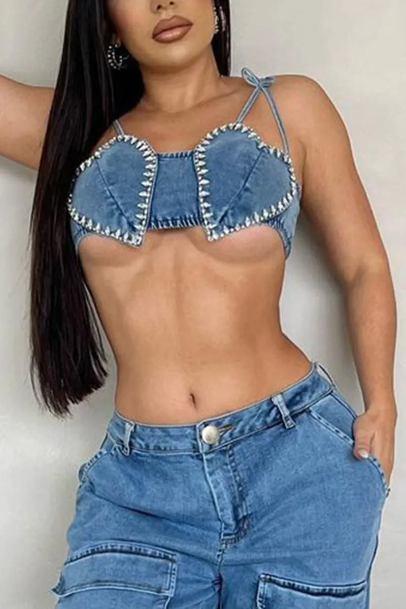 TD470 Rhinestones Denim Top