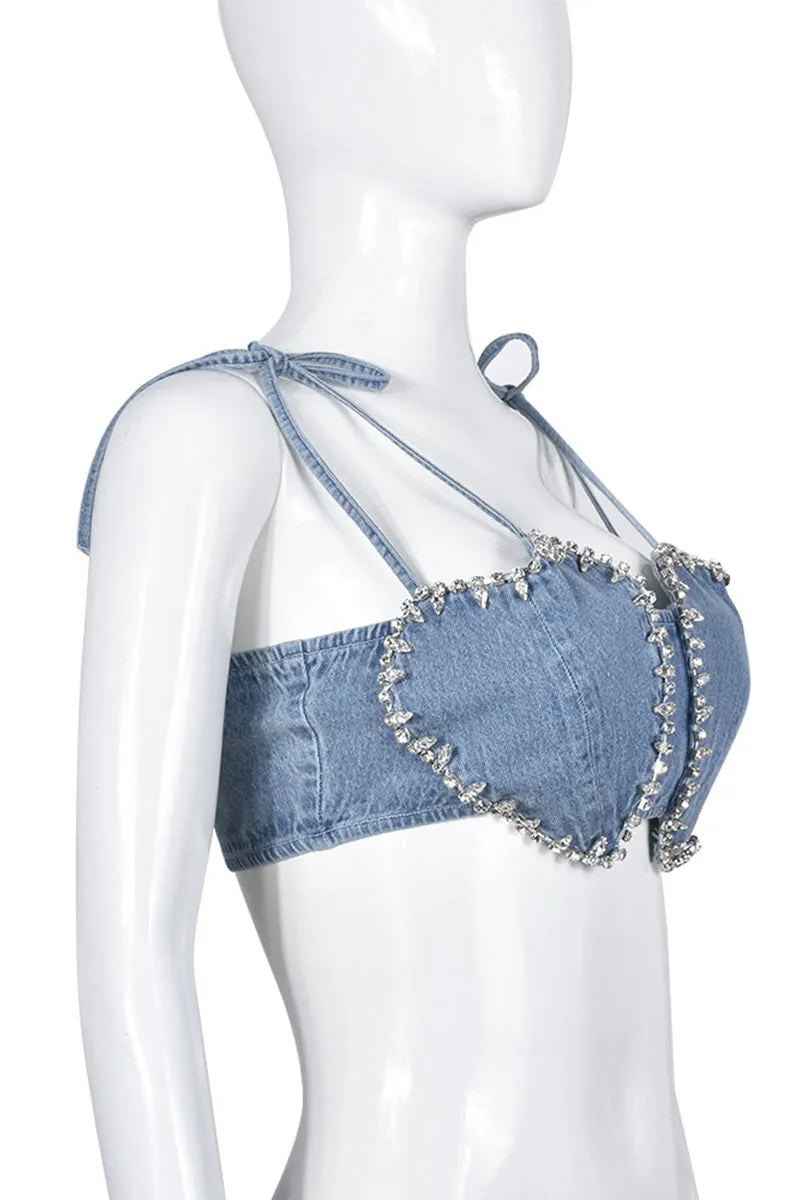 TD470 Rhinestones Denim Top