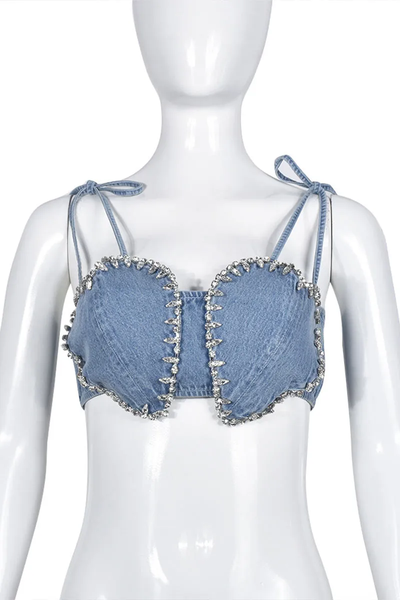 TD470 Rhinestones Denim Top