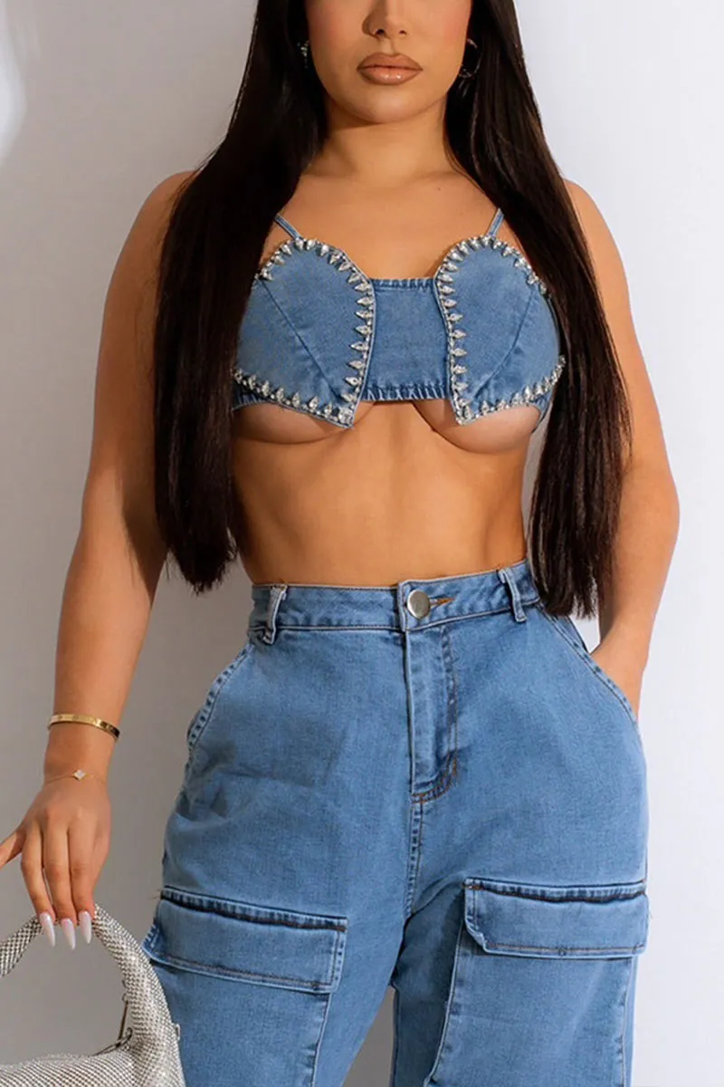 TD470 Rhinestones Denim Top