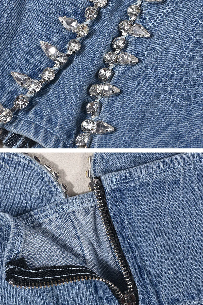 TD470 Rhinestones Denim Top