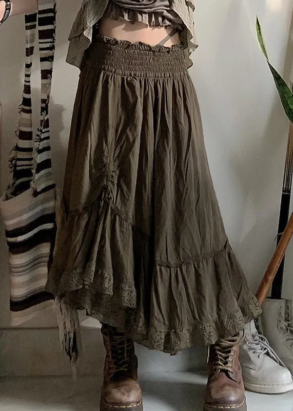 Vintage Army Green Ruffled Cinched Elastic Waist Cotton Skirts Fall QA013