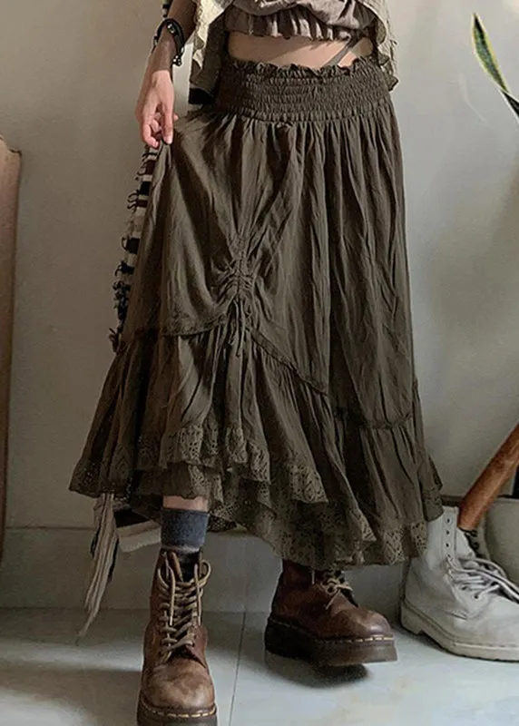 Vintage Army Green Ruffled Cinched Elastic Waist Cotton Skirts Fall QA013