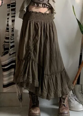 Vintage Army Green Ruffled Cinched Elastic Waist Cotton Skirts Fall QA013
