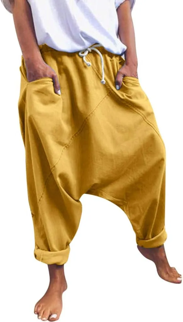 WABEOR Drop Crotch Pants Women Cotton Hippie Baggy Harem Pants Loose Fit Patchwork Pants Casual Summer Elastic Waist Trousers