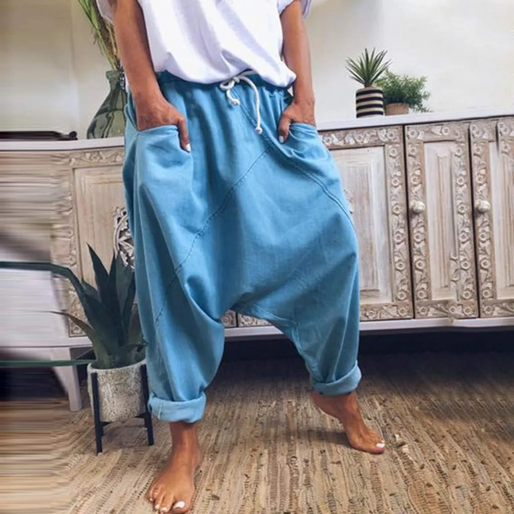 WABEOR Drop Crotch Pants Women Cotton Hippie Baggy Harem Pants Loose Fit Patchwork Pants Casual Summer Elastic Waist Trousers