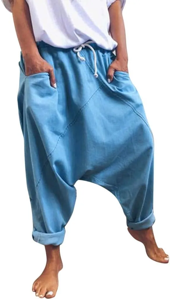 WABEOR Drop Crotch Pants Women Cotton Hippie Baggy Harem Pants Loose Fit Patchwork Pants Casual Summer Elastic Waist Trousers